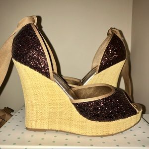 Glitter Ankle Wrap Espadrille Wedge Sandals Bronze